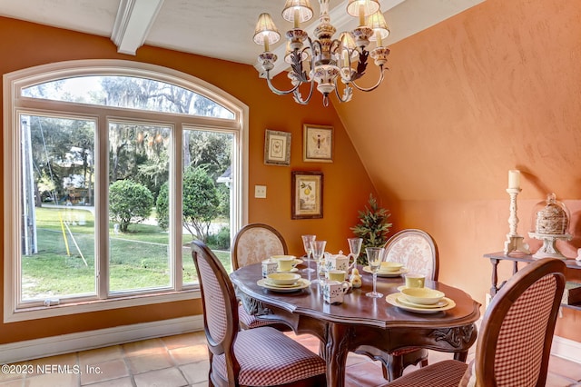 dining area with lofted ceiling with beams, light tile patterned floors, and a chandelier