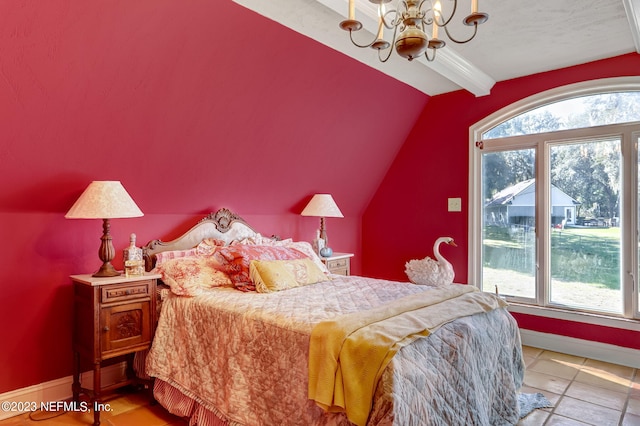 bedroom with an inviting chandelier, a textured ceiling, vaulted ceiling, and tile patterned floors