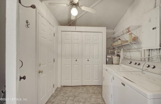 laundry room featuring electric water heater, electric panel, washer and dryer, and ceiling fan