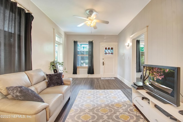 living room with dark wood-type flooring and ceiling fan