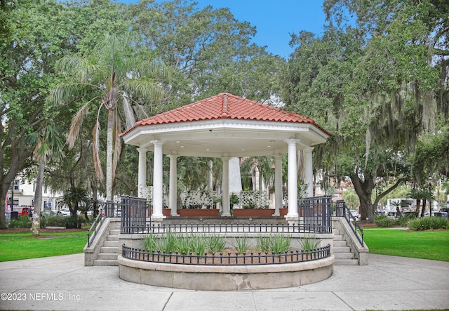 view of community with a gazebo and a lawn