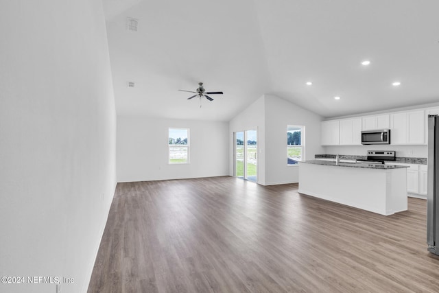 kitchen with open floor plan, stainless steel appliances, wood finished floors, and a sink