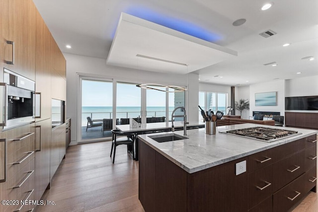 kitchen featuring sink, light hardwood / wood-style flooring, light stone countertops, an island with sink, and appliances with stainless steel finishes