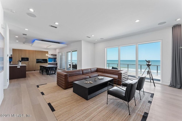 living room with a beach view, a water view, plenty of natural light, and light hardwood / wood-style floors