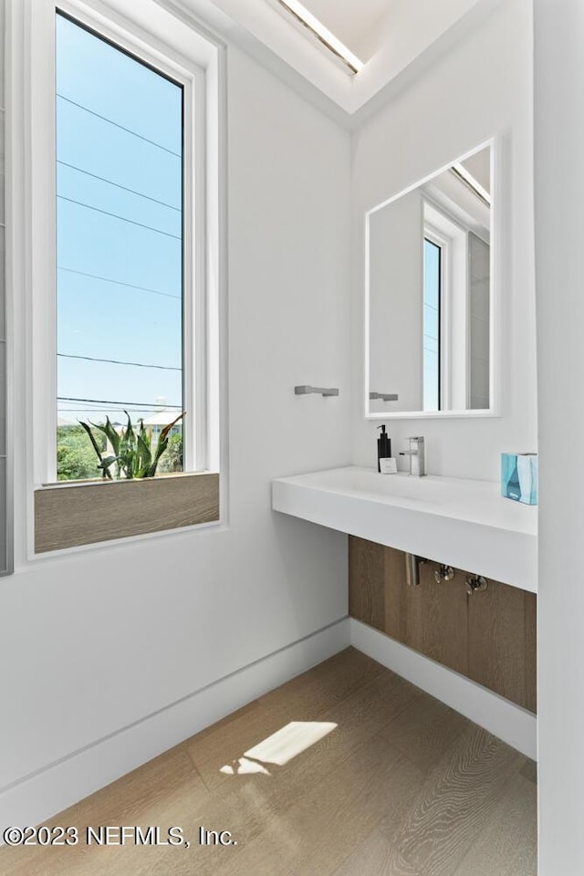 bathroom with hardwood / wood-style floors