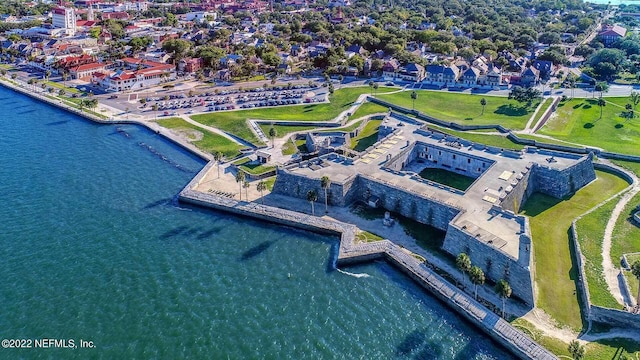 drone / aerial view featuring a water view