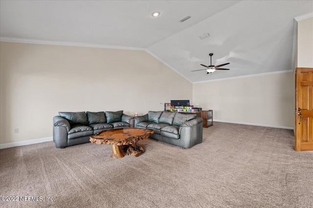 living room featuring lofted ceiling, ceiling fan, carpet flooring, and crown molding