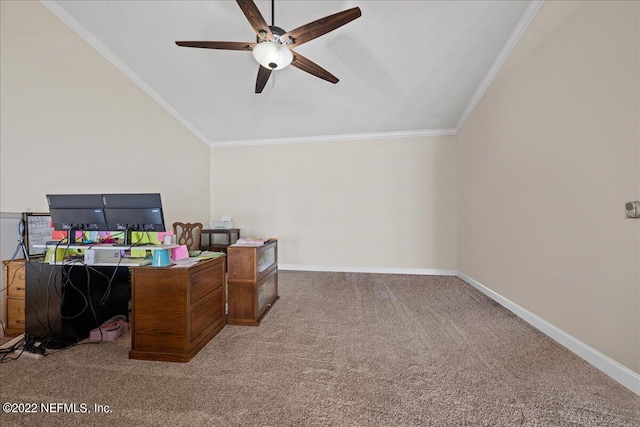 home office featuring a textured ceiling, carpet, crown molding, and ceiling fan