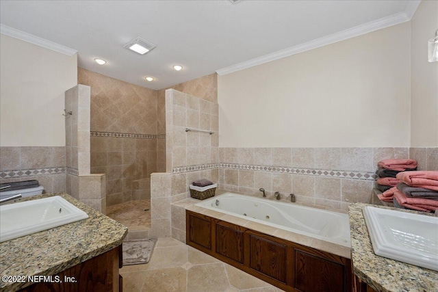 bathroom with tile walls, crown molding, tile patterned flooring, separate shower and tub, and sink