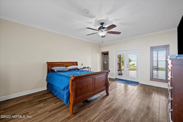 bedroom featuring dark hardwood / wood-style flooring, a textured ceiling, ceiling fan, access to outside, and ornamental molding