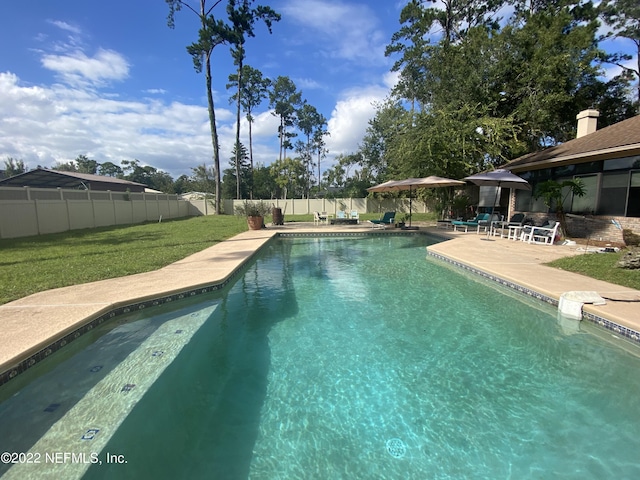 view of swimming pool with a lawn and a patio