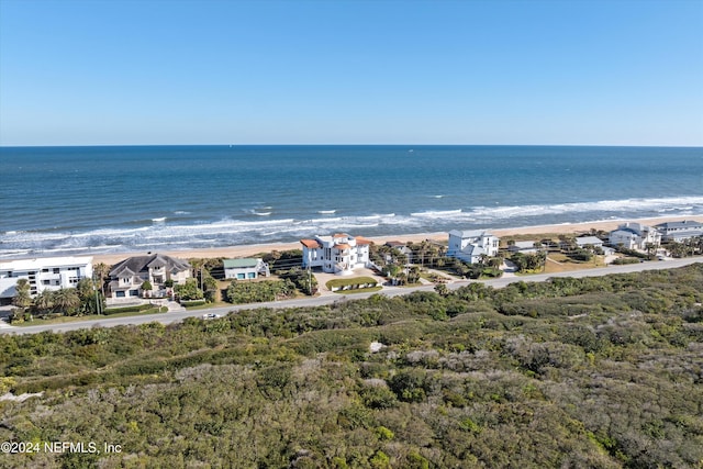 drone / aerial view featuring a beach view and a water view