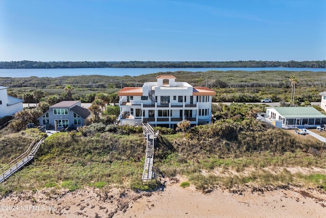 aerial view featuring a water view