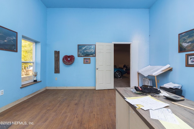 office space featuring dark hardwood / wood-style floors and a high ceiling