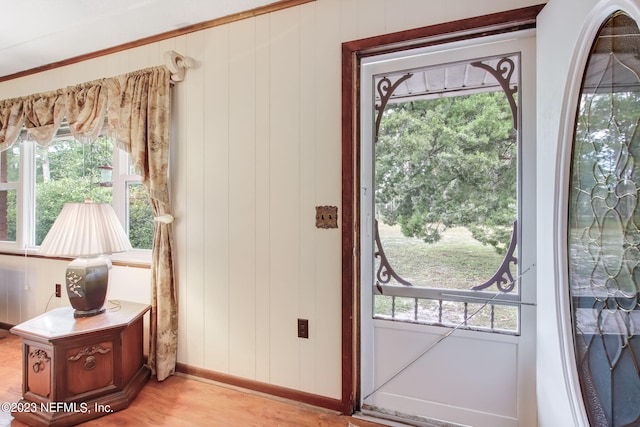 doorway featuring plenty of natural light, hardwood / wood-style floors, and wood walls