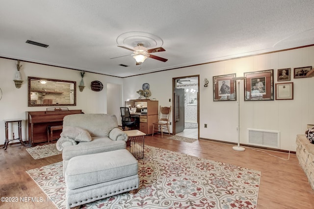 living room with crown molding, light hardwood / wood-style floors, and a textured ceiling