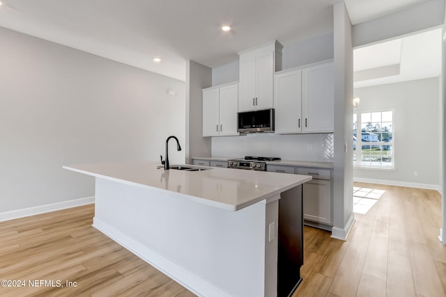 kitchen featuring a center island with sink, white cabinets, sink, and appliances with stainless steel finishes