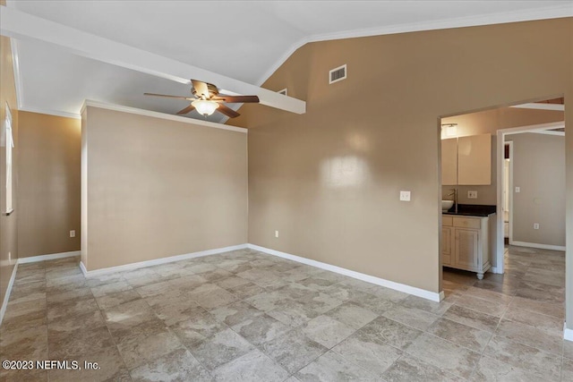 empty room featuring high vaulted ceiling, ceiling fan, and crown molding