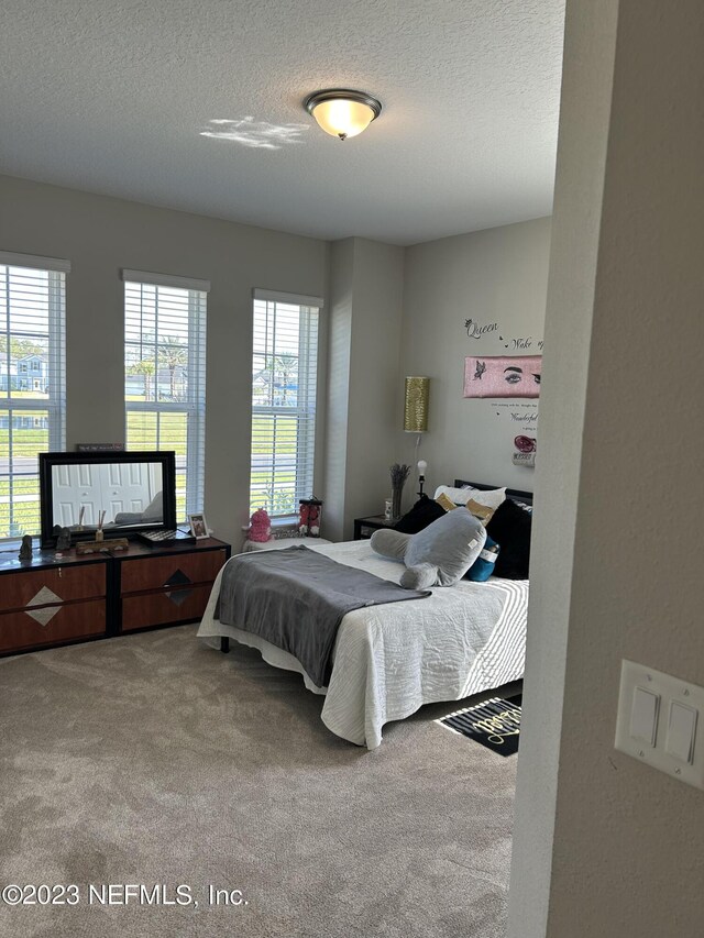 carpeted bedroom with multiple windows and a textured ceiling