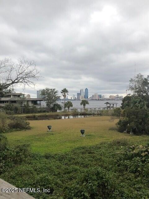 view of yard with a water view