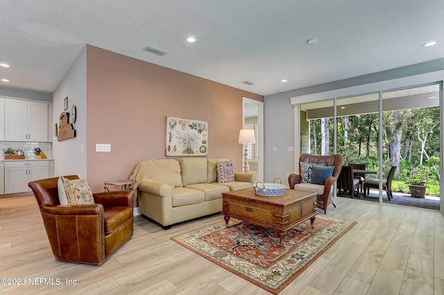 living room featuring light wood-type flooring and a textured ceiling