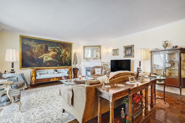 living room featuring parquet flooring and crown molding