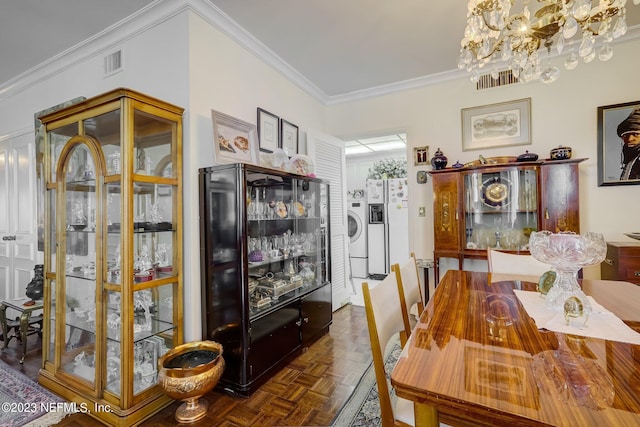 dining area featuring crown molding, dark parquet floors, and an inviting chandelier