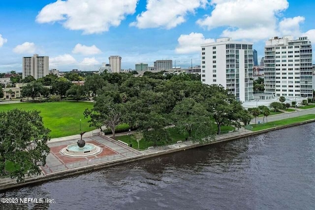 view of home's community featuring a water view and a lawn