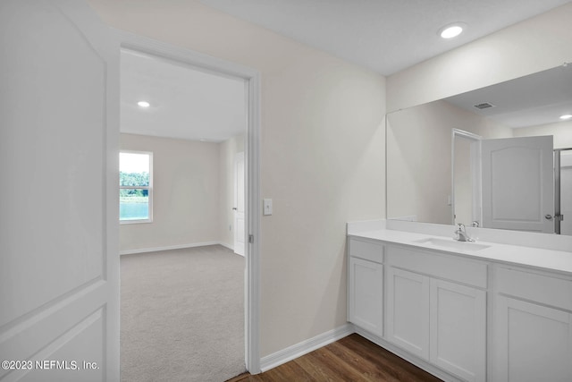 bathroom with hardwood / wood-style flooring and vanity