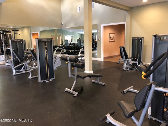 workout area featuring a high ceiling