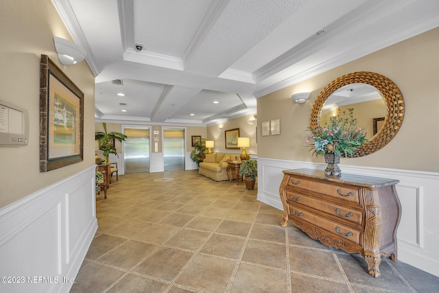 hall with beamed ceiling, tile flooring, coffered ceiling, and elevator