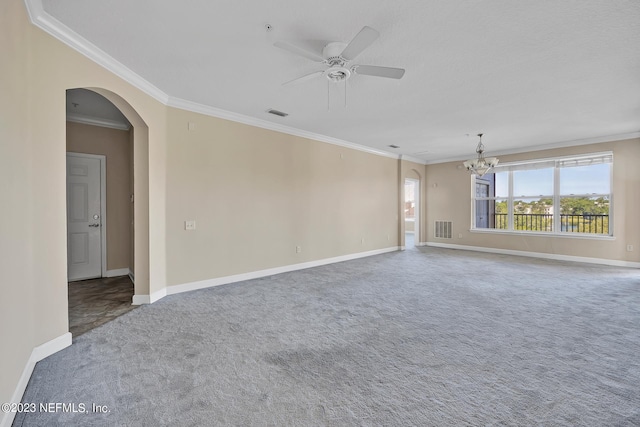 carpeted empty room with ornamental molding and ceiling fan with notable chandelier