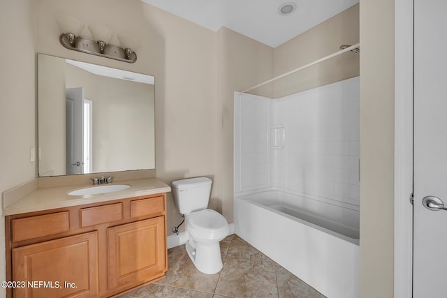 full bathroom with tile floors,  shower combination, toilet, and large vanity