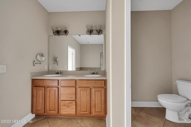 bathroom with tile flooring, toilet, and dual bowl vanity