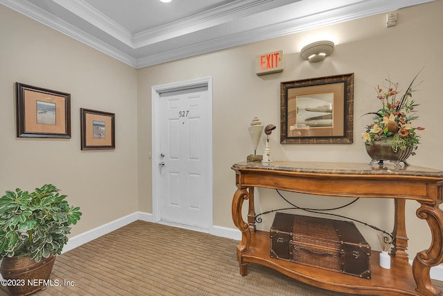 foyer entrance featuring a tray ceiling and crown molding