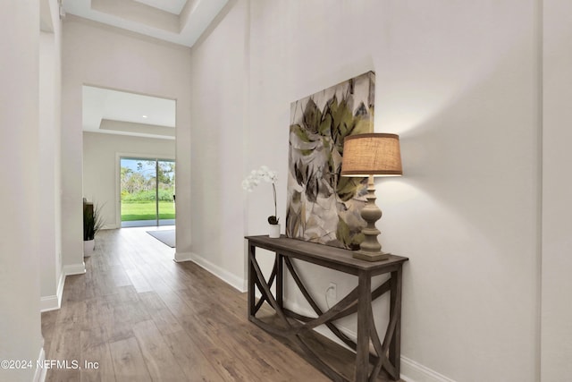 hall with a raised ceiling, wood finished floors, and baseboards