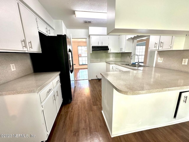 kitchen featuring sink, white cabinets, kitchen peninsula, dark wood-type flooring, and black refrigerator with ice dispenser