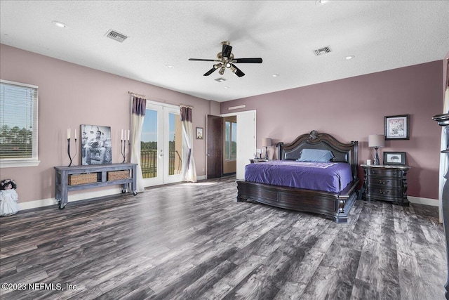 bedroom featuring ceiling fan, french doors, dark hardwood / wood-style flooring, access to outside, and a textured ceiling