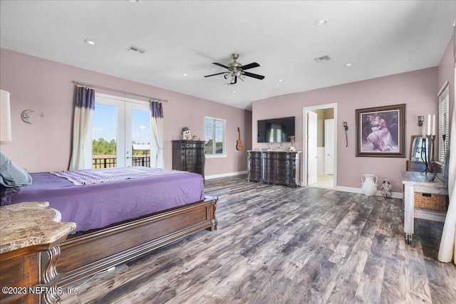 bedroom with ceiling fan, french doors, wood-type flooring, a textured ceiling, and access to exterior