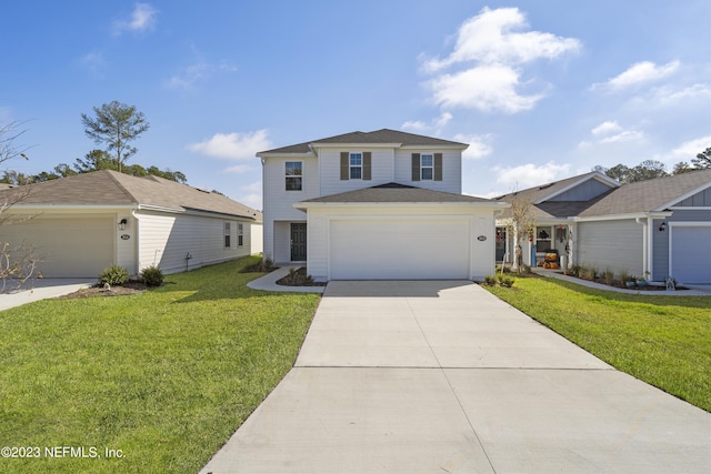 traditional-style house with a garage, driveway, and a front lawn