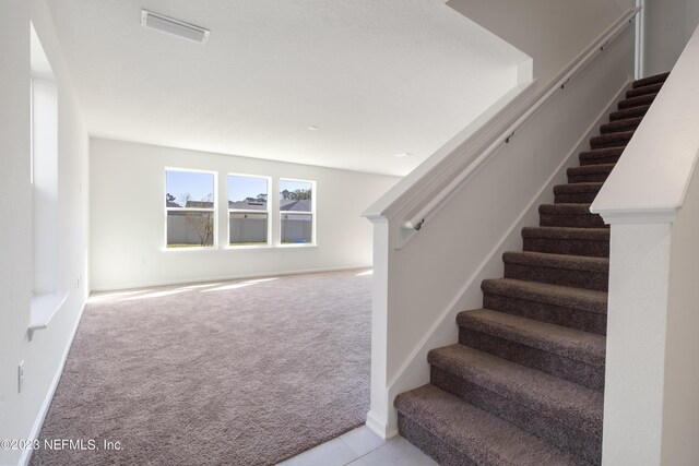 staircase with light colored carpet