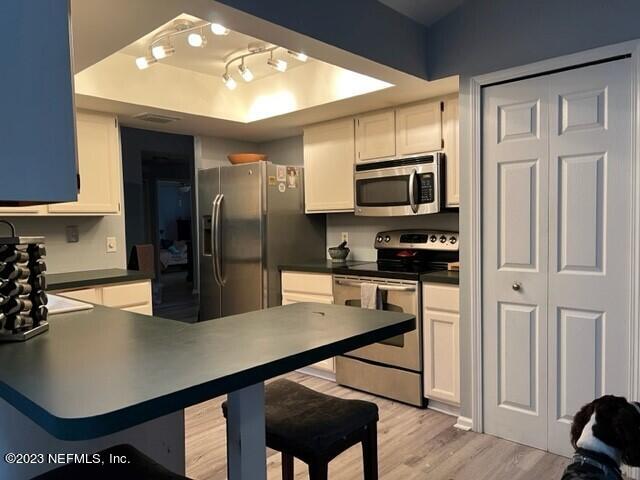 kitchen featuring white cabinetry, stainless steel appliances, a raised ceiling, and light wood-type flooring