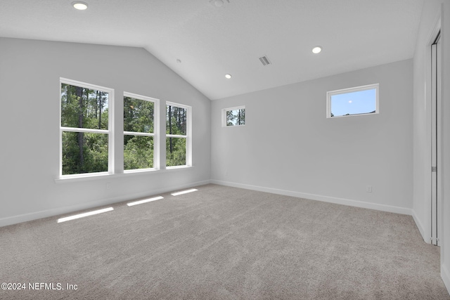 empty room with light carpet and lofted ceiling