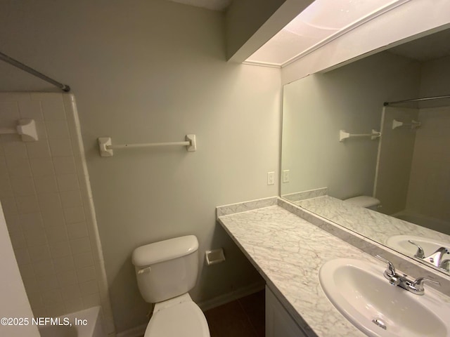 full bath with shower / washtub combination, vanity, and toilet