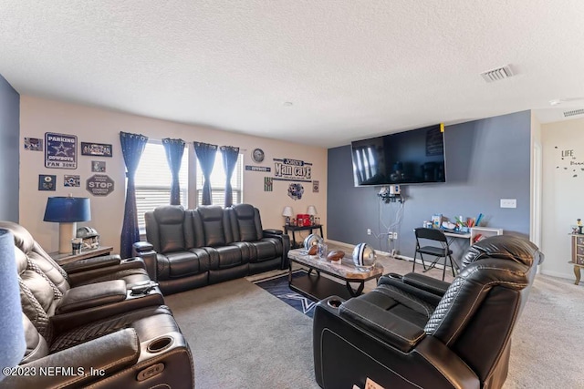 living room with carpet flooring and a textured ceiling