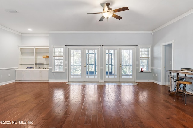 unfurnished living room with french doors, ceiling fan, ornamental molding, and dark hardwood / wood-style flooring