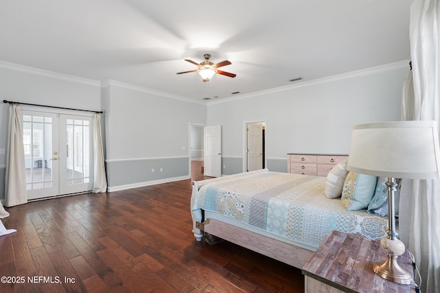 bedroom featuring dark hardwood / wood-style flooring, access to exterior, ceiling fan, crown molding, and french doors