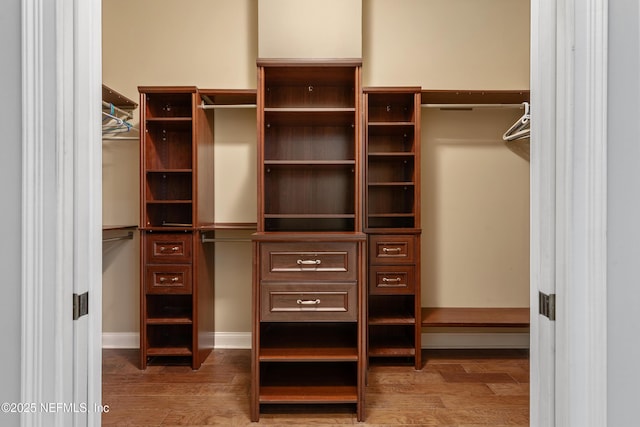 spacious closet with dark hardwood / wood-style flooring