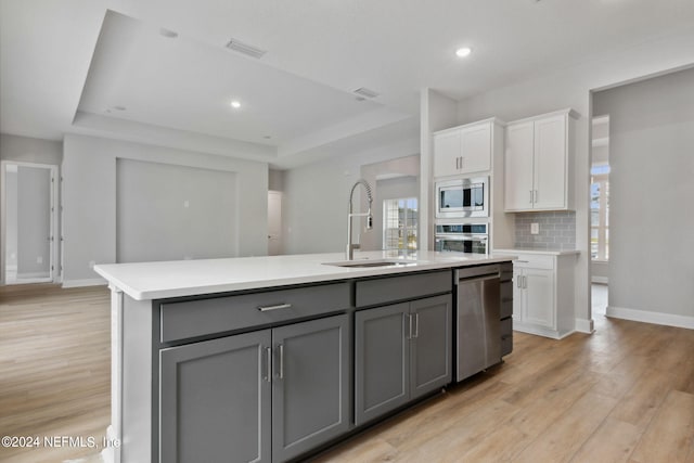 kitchen featuring white cabinetry, sink, stainless steel appliances, an island with sink, and decorative backsplash