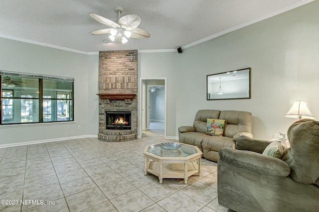 unfurnished living room featuring light tile patterned floors, ceiling fan, a brick fireplace, and crown molding